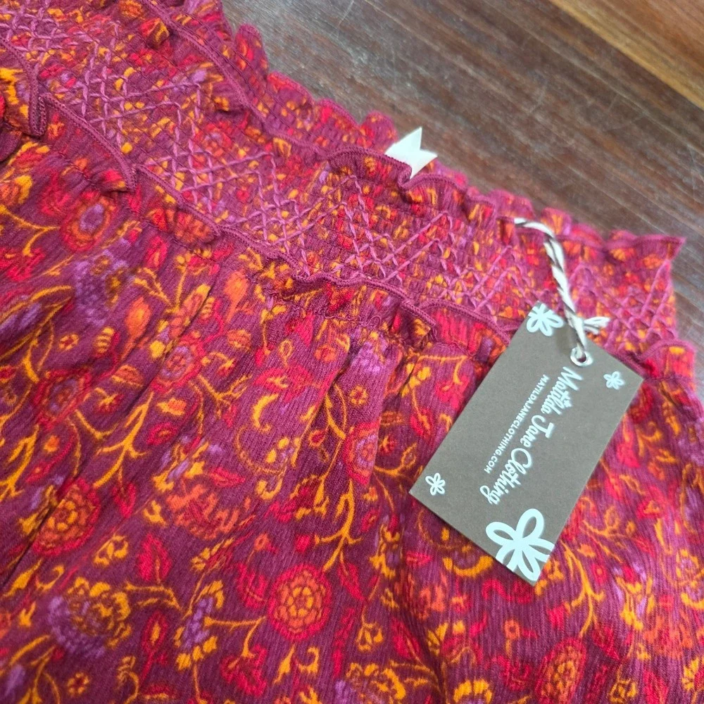 Matilda Jane Girls Red Orange Floral Smocked‎ Pom Pom Trim Shorts Size 16 NWT